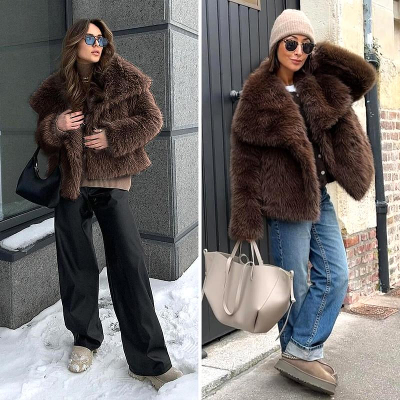 Elevate Your Winter Wardrobe with the Buenoble Women's Brown Faux Fur Coat - Chic, Warm, and Stylish Short Jacket with Fluffy Collar and Pockets
