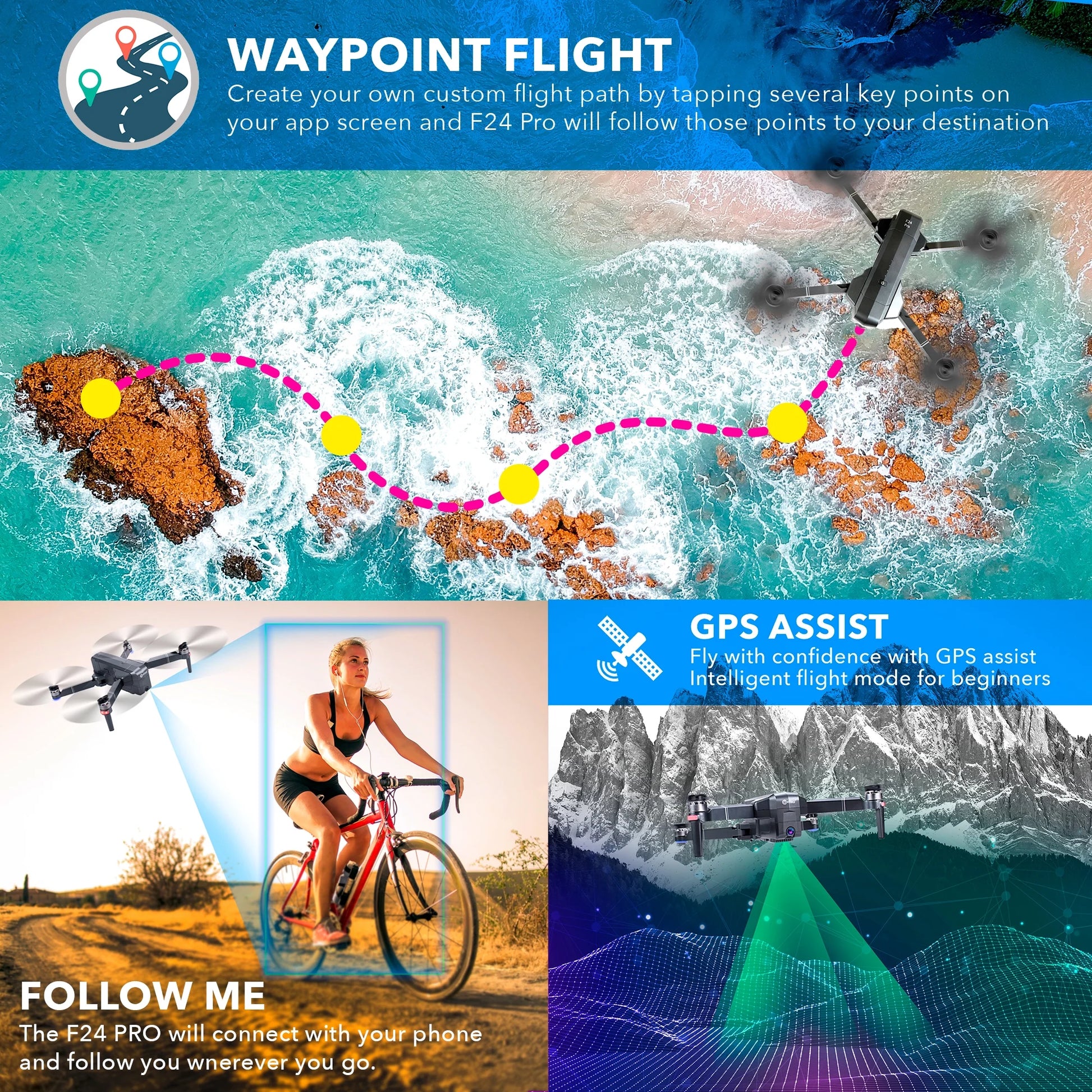 F24 Pro 4K UHD Aerial Drone Skins W/ GPS, 30-Min Flight, Foldable Mini Drone, Brushless Motors, FPV, Wi-Fi, RC Quadcopter, Carrying Case, Black