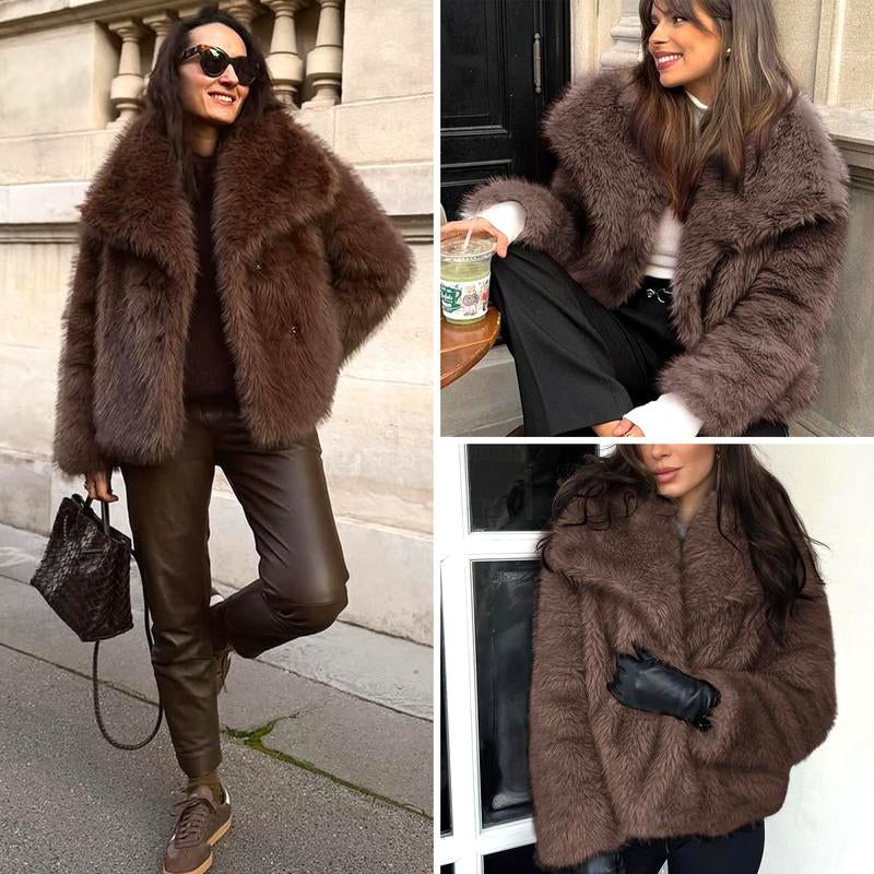 Elevate Your Winter Wardrobe with the Buenoble Women's Brown Faux Fur Coat - Chic, Warm, and Stylish Short Jacket with Fluffy Collar and Pockets