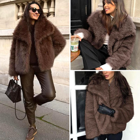 Elevate Your Winter Wardrobe with the Buenoble Women's Brown Faux Fur Coat - Chic, Warm, and Stylish Short Jacket with Fluffy Collar and Pockets